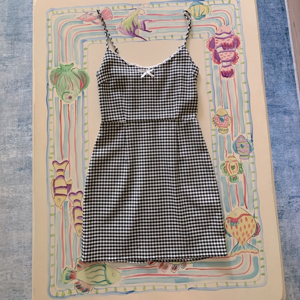 UO Black/White Check Mini Dress w Bow Detail